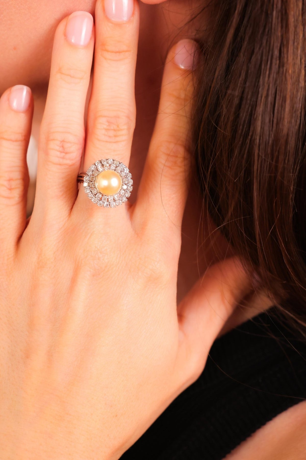 Mid Century Pearl Diamond Platinum Cluster Ring