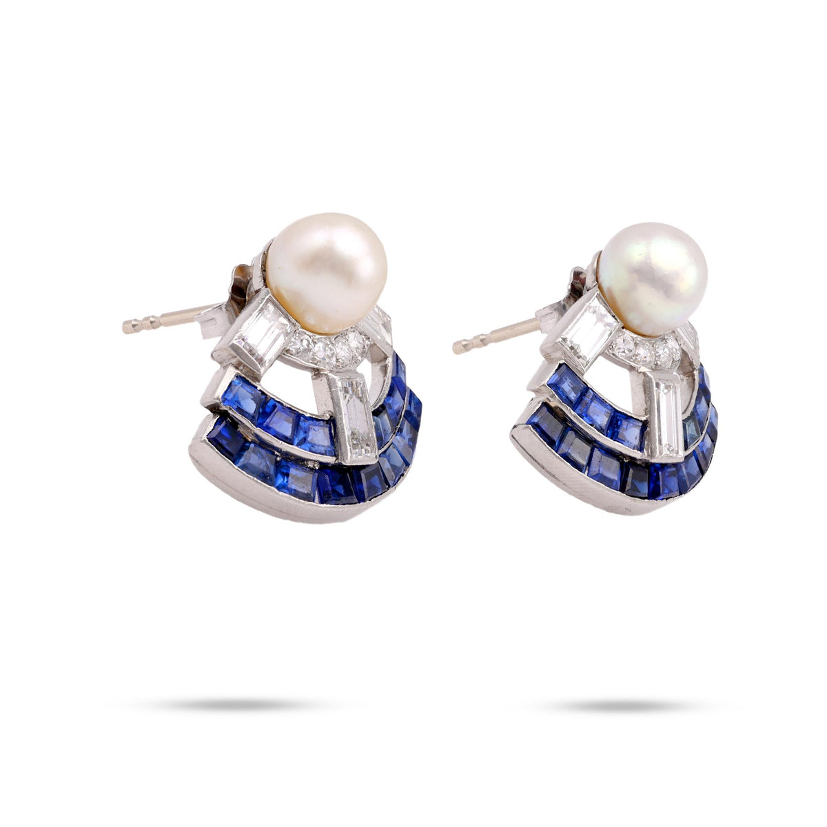 Mid Century Pearl Diamond Sapphire 18K White Gold Earrings