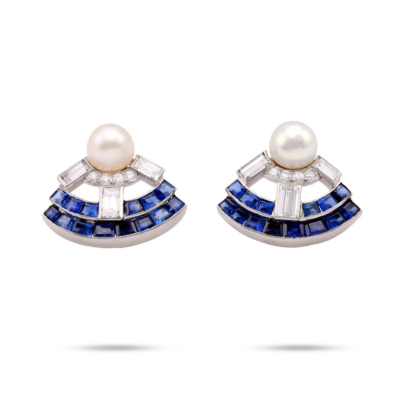 Mid Century Pearl Diamond Sapphire 18K White Gold Earrings