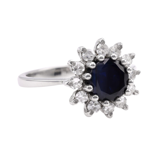 Vintage Sapphire Diamond 18K White Gold Cluster Ring