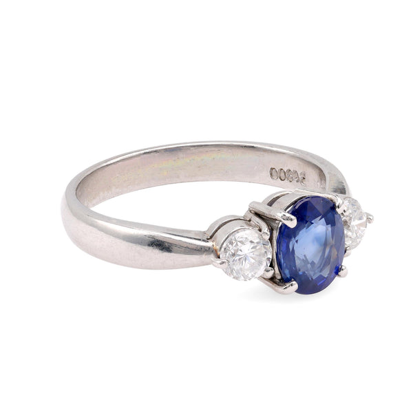 Oval Blue Sapphire Platinum Three Stone Ring