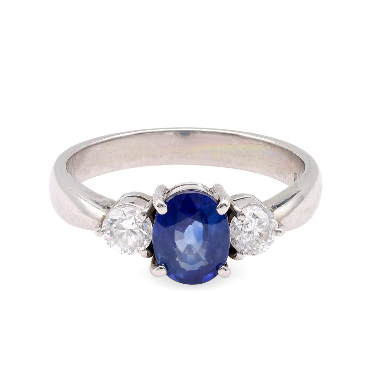 Oval Blue Sapphire Platinum Three Stone Ring