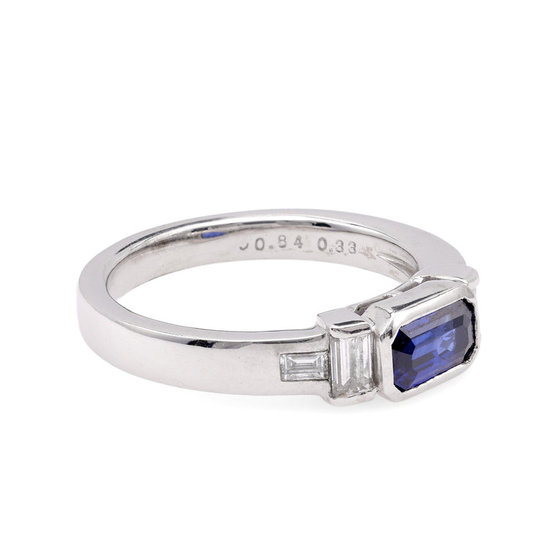 Vintage Emerald Cut Sapphire Diamond 18K White Gold Ring