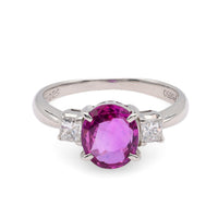 Contemporary 1.86 Carat Oval Pink Sapphire Diamond Platinum Three Stone Ring