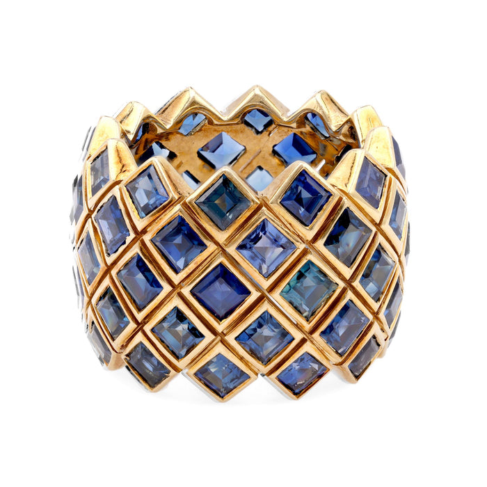 Vintage 10 Carats Carre Cut Sapphire 18K Yellow Gold Band