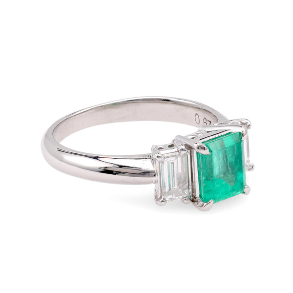 Vintage 1.30 Carat Emerald Diamond Platinum Three Stone Ring