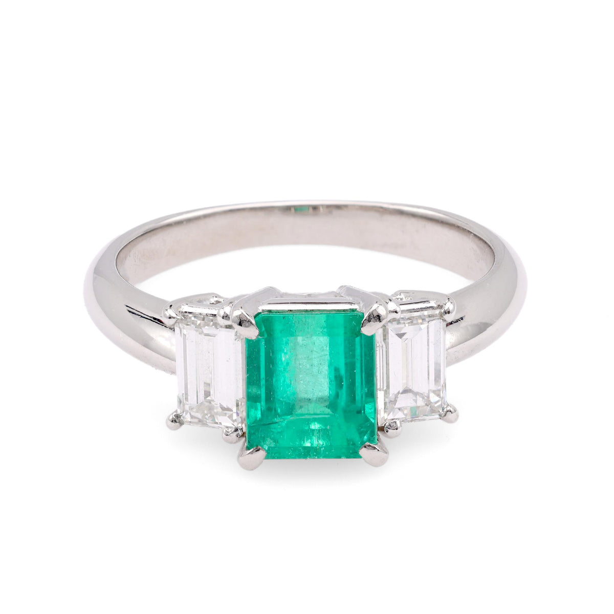 Vintage 1.30 Carat Emerald Diamond Platinum Three Stone Ring