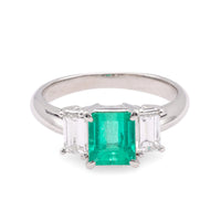 Vintage 1.30 Carat Emerald Diamond Platinum Three Stone Ring