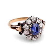 Victorian 1.4 Carat Oval Cut Sapphire Diamond 18K Yellow Gold Cluster Ring