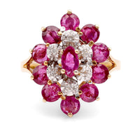 Retro Ruby Diamond 14K Yellow and Gold Cluster Ring