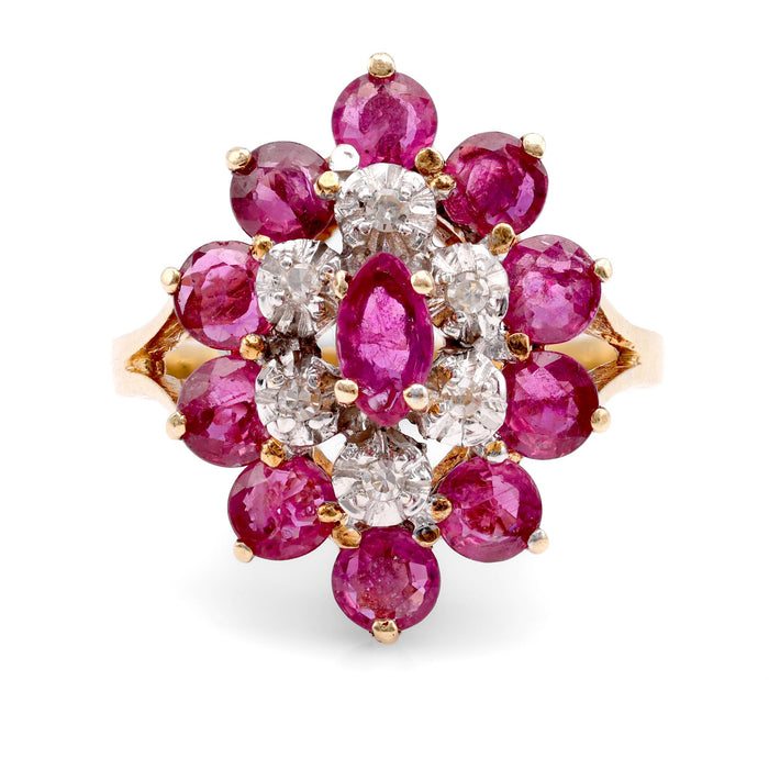 Retro Ruby Diamond 14K Yellow and Gold Cluster Ring