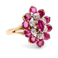 Retro Ruby Diamond 14K Yellow and Gold Cluster Ring