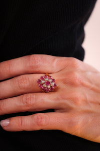 Retro Ruby Diamond 14K Yellow and Gold Cluster Ring