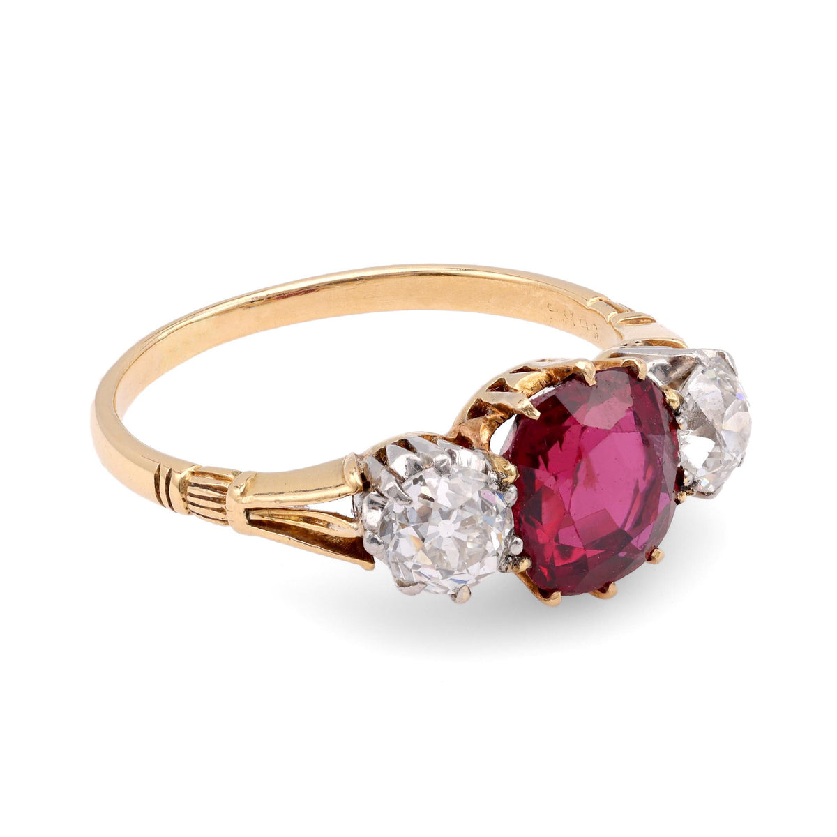 Antique 2.11 Carat No Heat Ruby Diamond 18K Yellow Gold Three Stone Ring