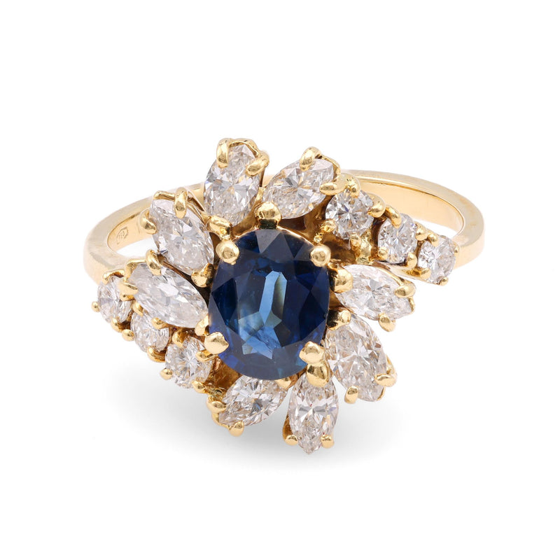 Vintage Sapphire Diamond 18K Yellow Gold Cluster Ring