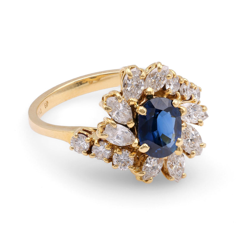 Vintage Sapphire Diamond 18K Yellow Gold Cluster Ring