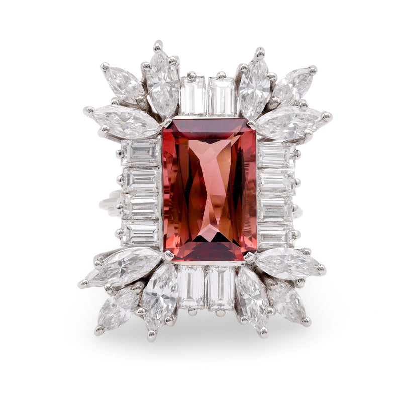 Mid Century Emerald Cut Rubellite Diamond 14K White Gold Cocktail Ring