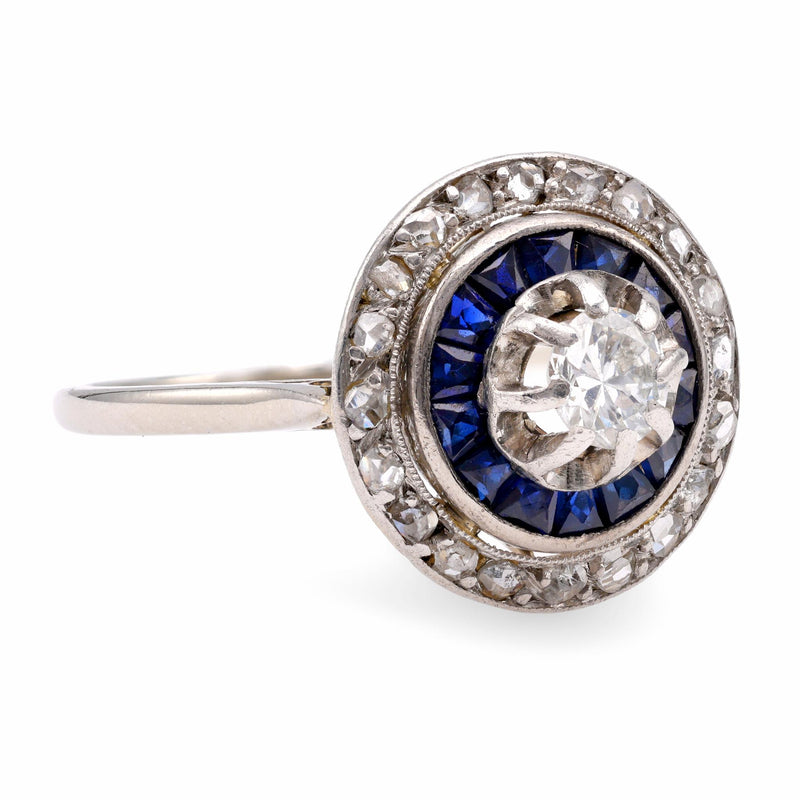 Art Deco Diamond Sapphire 14K White Gold Halo Ring