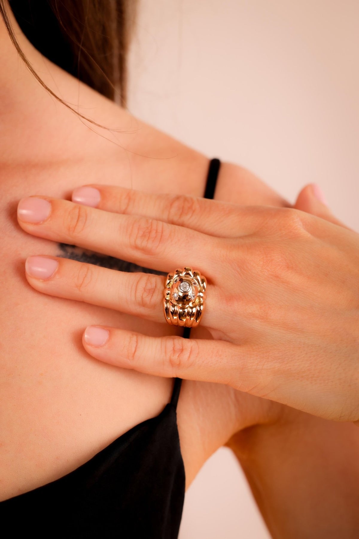 Retro French Diamond 18K Yellow Gold Tank Ring