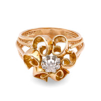 Retro French Diamond Yellow Gold and Platinum Floral Cocktail Ring