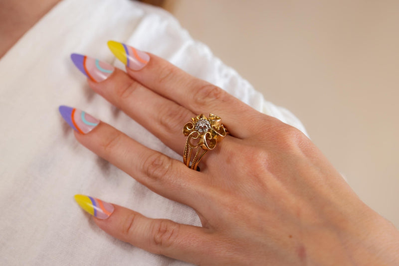 Retro French Diamond Yellow Gold and Platinum Floral Cocktail Ring