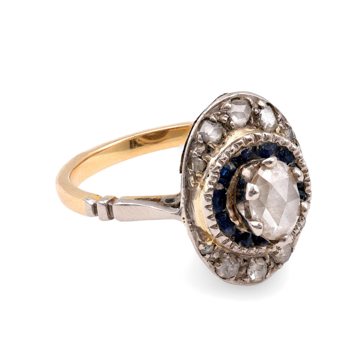 French Belle Epoque Diamond Sapphire Yellow Gold & White Gold Cluster Ring