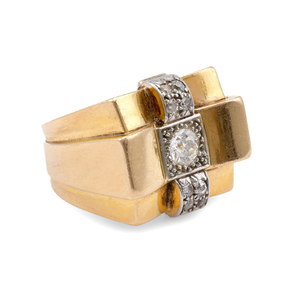 French Retro Diamond Yellow Gold & Platinum Tank Ring