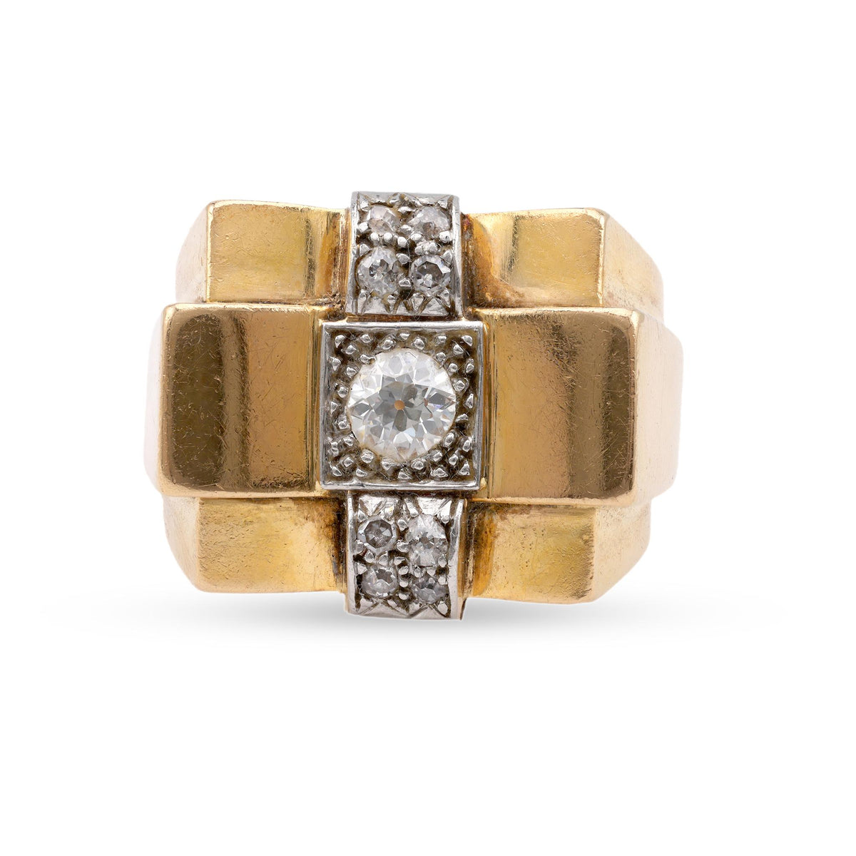 French Retro Diamond Yellow Gold & Platinum Tank Ring