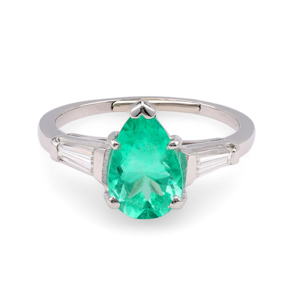 Mid Century Emerald Diamond Platinum Ring