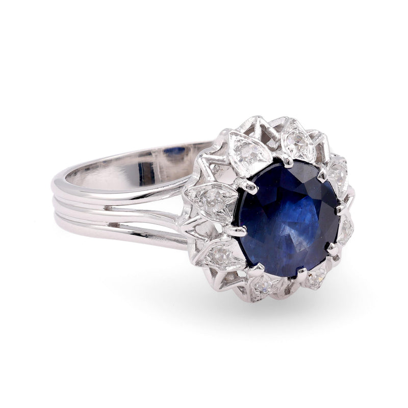 Mid-Century GIA 2.21 Carat Oval Sapphire Diamond 18K White Gold Ring