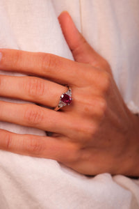 Vintage GIA Oval Ruby Diamond Platinum Five Stone Ring