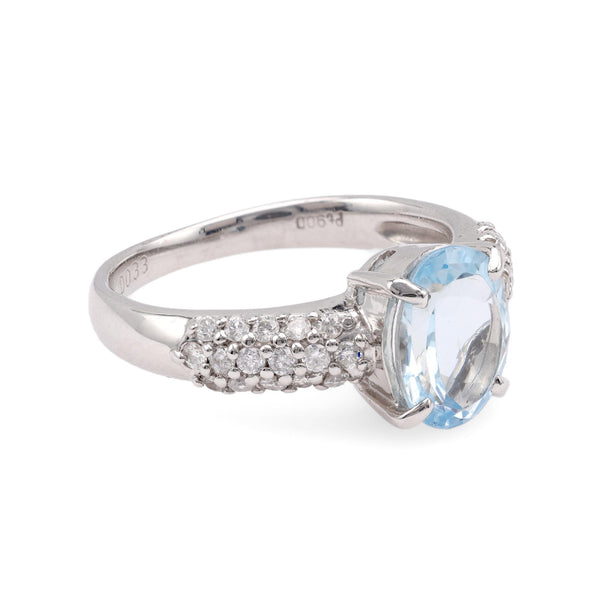 Modern Oval Cut Aquamarine Diamond Platinum Ring