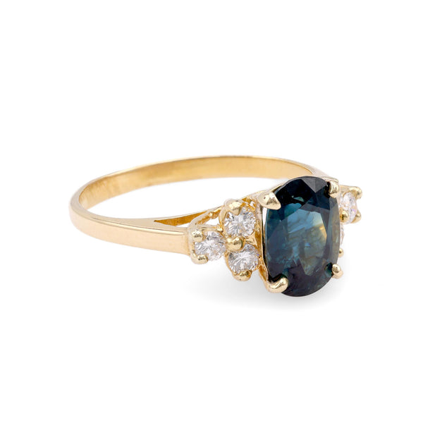 Vintage Oval Cut Blue Sapphire Diamond 18K Yellow Gold Ring