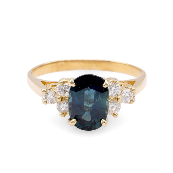 Vintage Oval Cut Blue Sapphire Diamond 18K Yellow Gold Ring