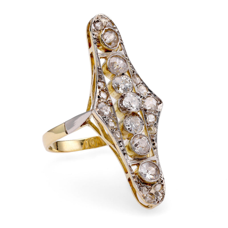 Edwardian Diamond 18K Yellow Gold Navette Ring