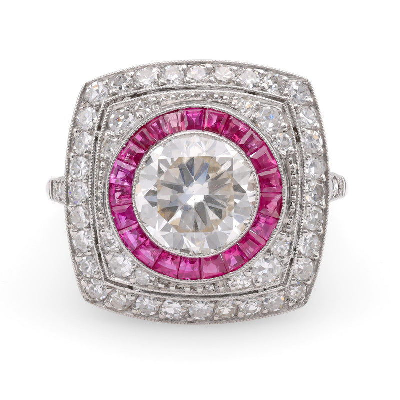 Art Deco Inspired 1.94 Carat Diamond Ruby Platinum Halo Ring