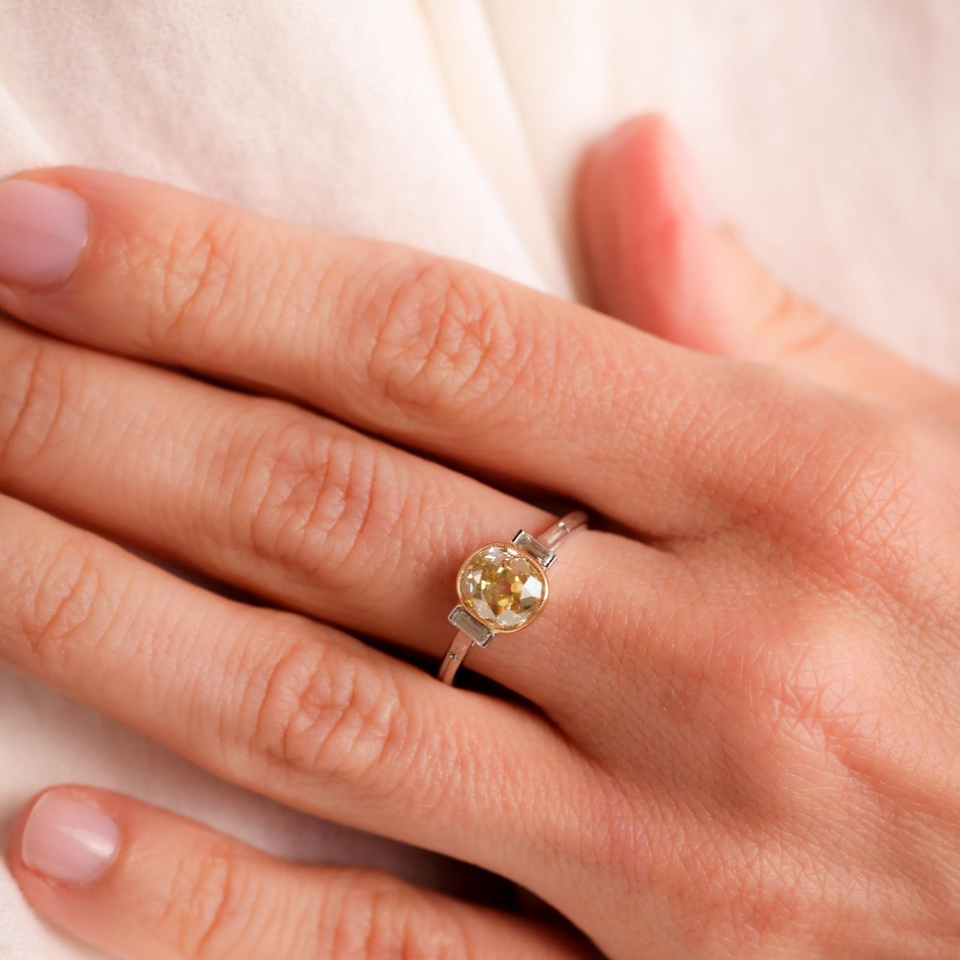 Edwardian Inspired 1.86 Carat Fancy Yellow Diamond Platinum Engagement Ring