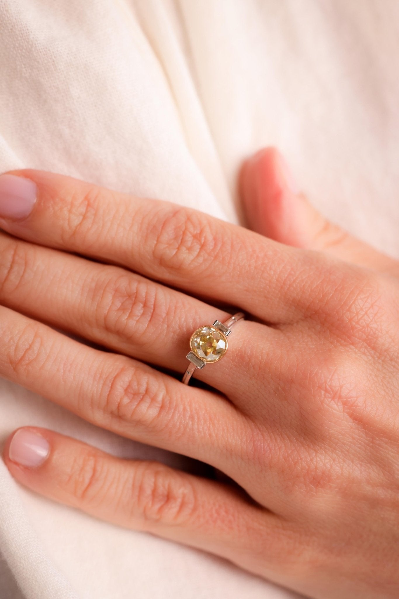 Edwardian Inspired 1.86 Carat Fancy Yellow Diamond Platinum Engagement Ring