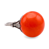 Art Deco French Cabochon Coral Diamond Platinum Ring