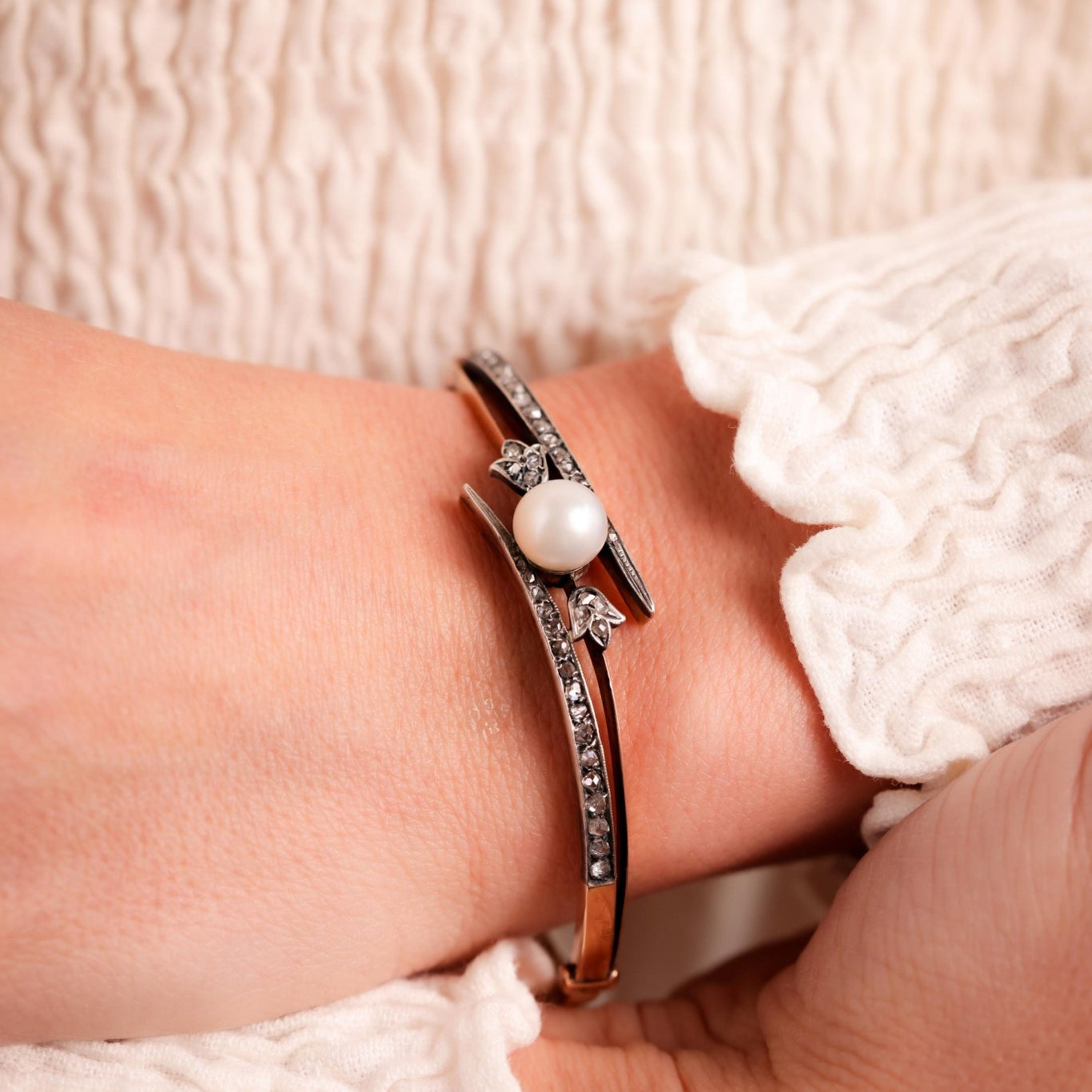 Antique Pearl Diamond 18K Rose Gold Silver Bangle