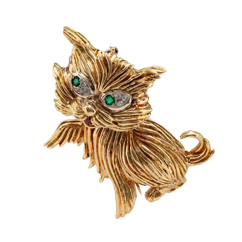 Vintage Emerald Ruby Diamond 18K Yellow Gold Cat Brooch