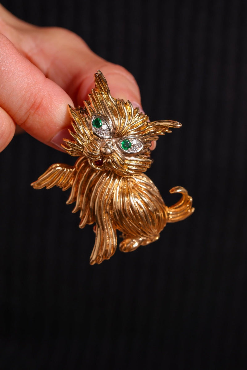 Vintage Emerald Ruby Diamond 18K Yellow Gold Cat Brooch