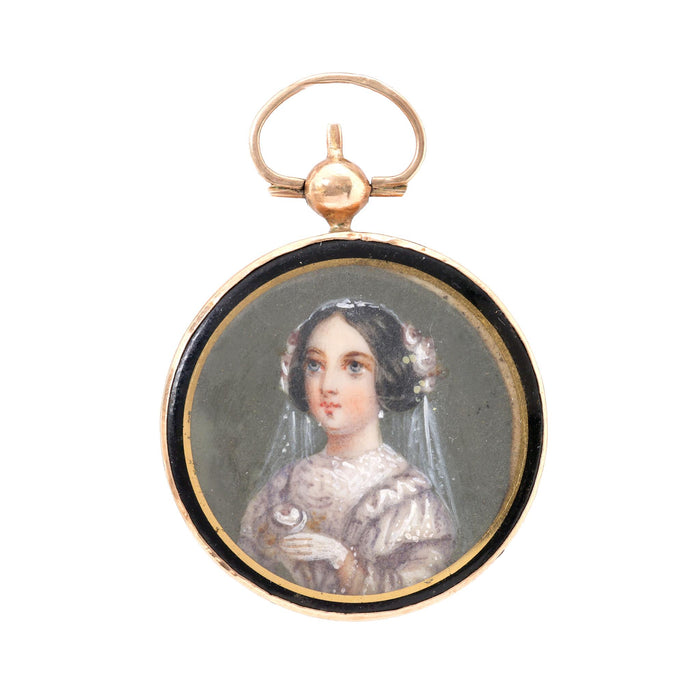 Victorian Enamel Portrait 14K Rose Gold Pendant