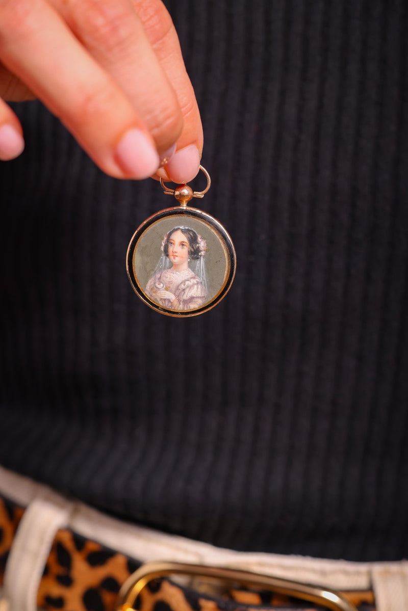 Victorian Enamel Portrait 14K Rose Gold Pendant