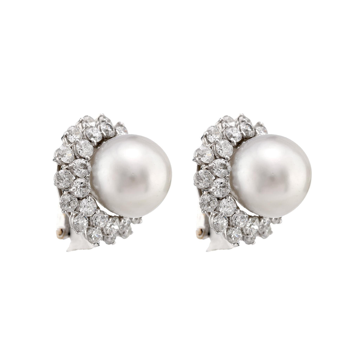 Mid Century South Sea Pearl 7 Carat Total Weight Diamond Platinum Cluster Studs