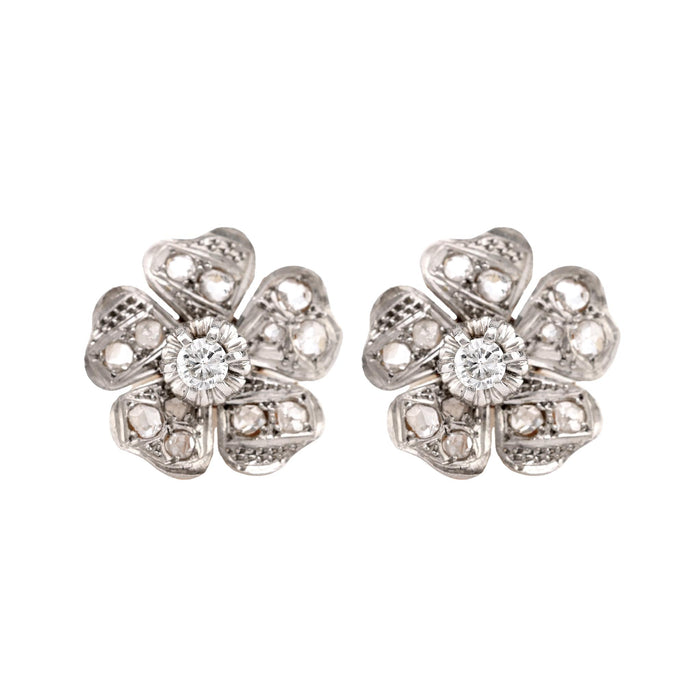 Mid-Century Diamond 18K Yellow White Gold Flower Studs