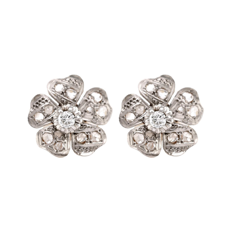 Mid-Century Diamond 18K Yellow White Gold Flower Studs