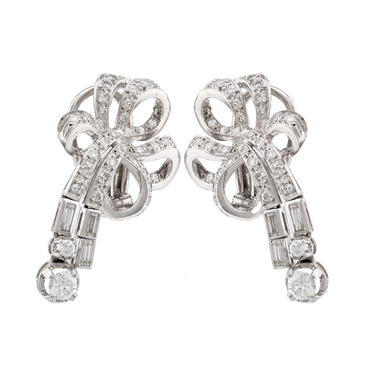 Mid Century Diamond Platinum Ribbon Earrings