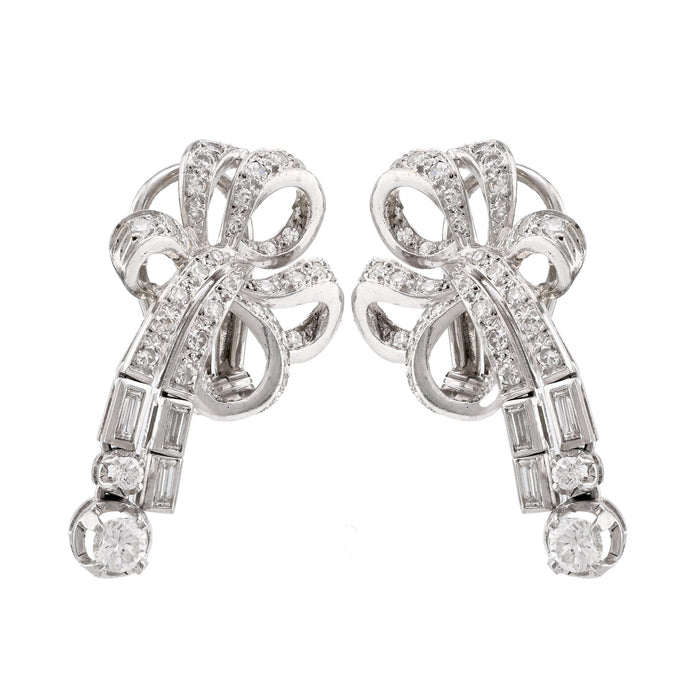 Mid Century Diamond Platinum Ribbon Earrings