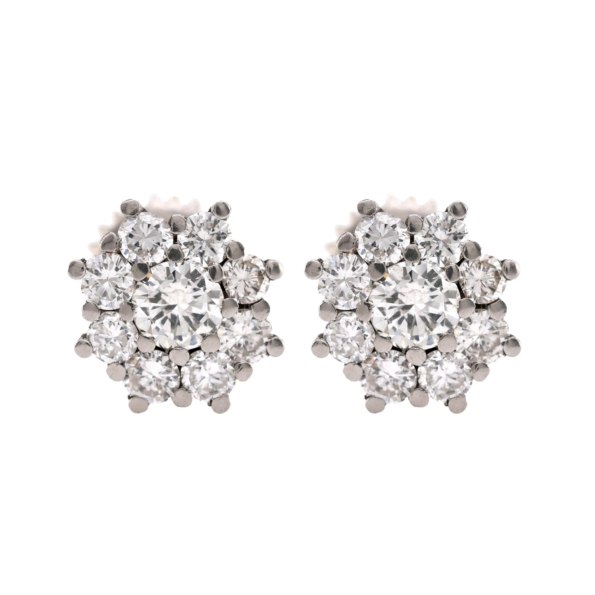 Modern Diamond 18K White Gold Cluster Earrings